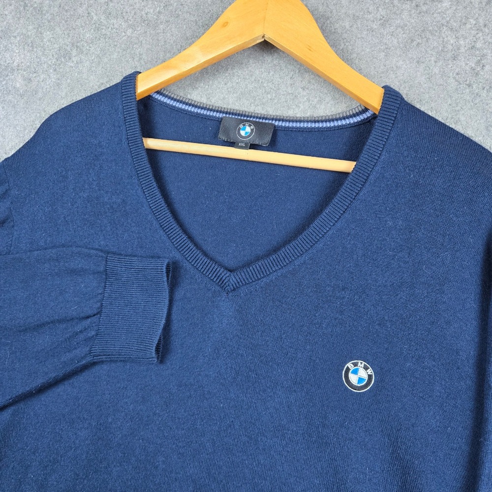 BMW V-Neck Sweater Mens XXL Navy Blue Cotton Cashmere Embroidered Logo Pullover